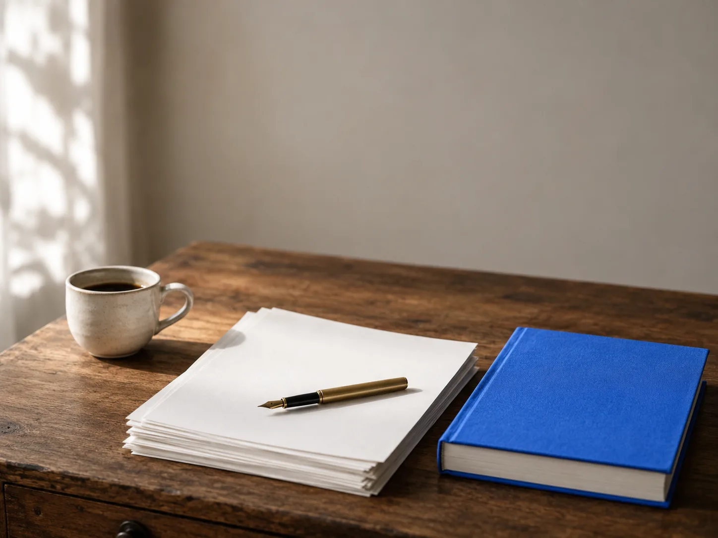 A writer's desk with a stack of blank manuscript pages, a fountain pen, and a cobalt blue book