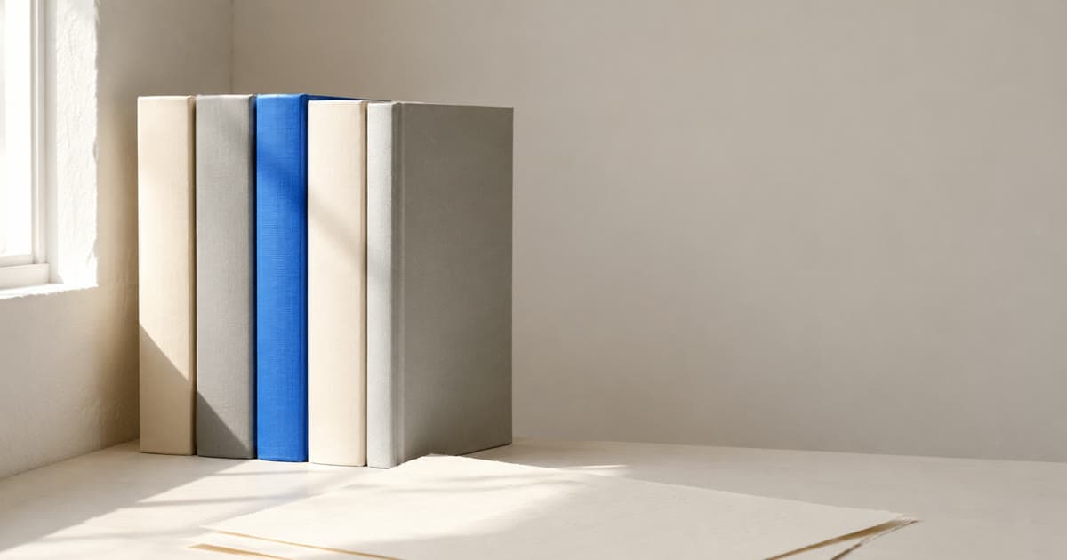 A row of finished hardcover books, one bound in cobalt blue